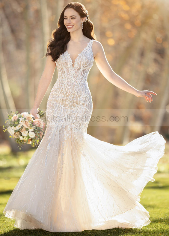 Deep V Neck Beaded Ivory Lace Tulle Deep V Back Wedding Dress